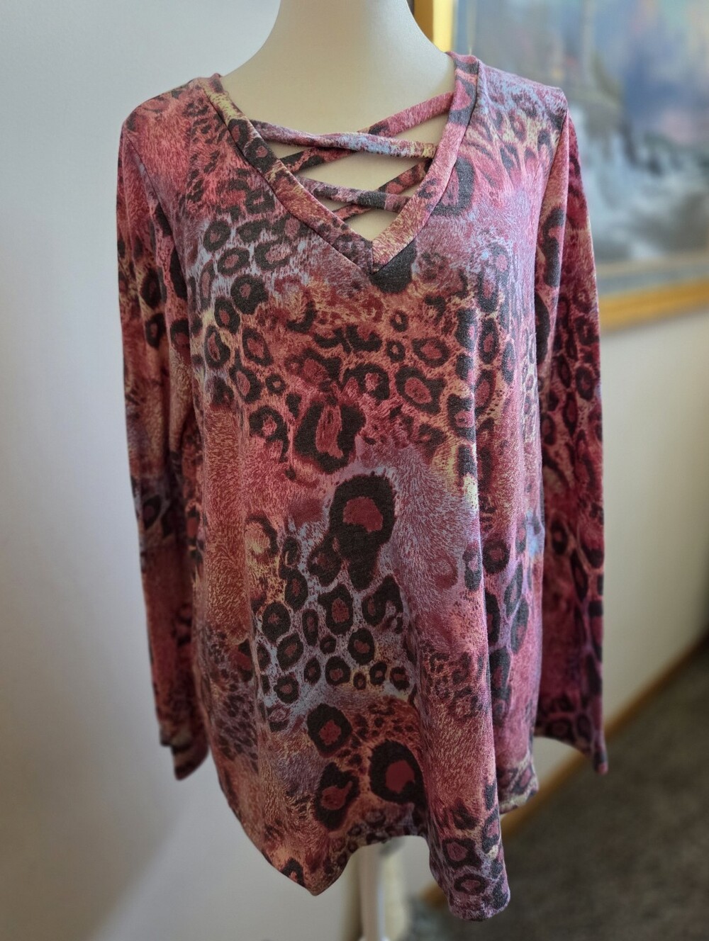 Sew In Love Pink Leopard Print Long Sleeve V-Neck Top with Crisscross